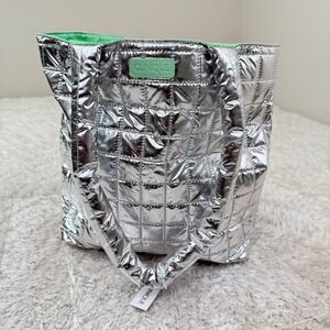 Clinique Silver Quilted Tote Bag Metallic Green Lining Shopper Makeup Puffer